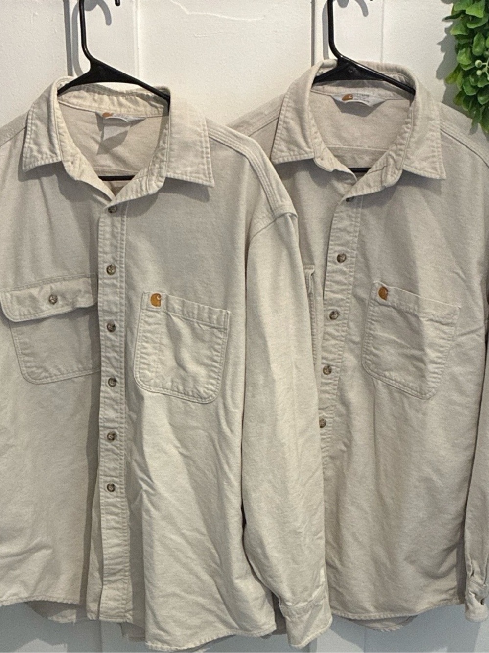 2 VTG 1991 Carhartt Beige Heavyweight Cotton Button Down Work Shirt Made in USA